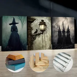 3Pcs Wooden Framed Canvas Painting, Halloween Witches And Crow, Perfect Gift Exquisite Poster, Home Decoration, Pattern Wall Art Decor, For Living Room, Bedroom, Office, Restaurant, Bar Wall Decor, Waterproof, Odorless, Painting, Print Artwork.