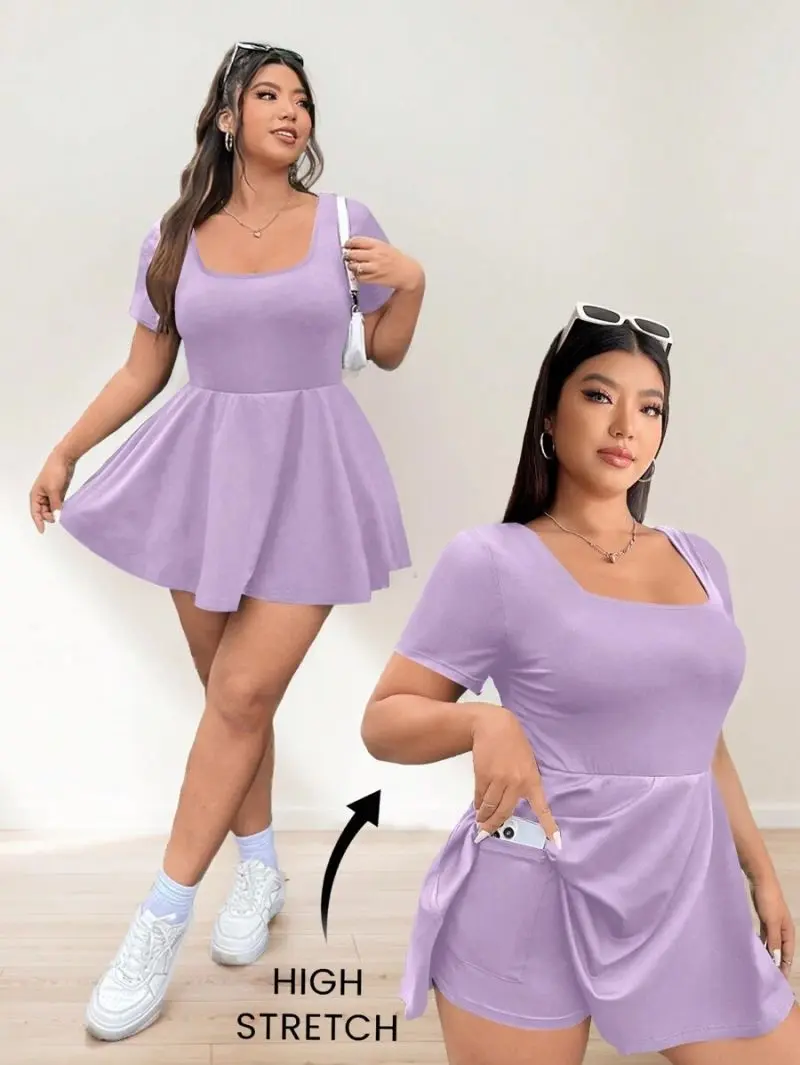 DORRIS Plus Size Women's Purple Square Neck Romper,Summer Smart Casual Hiking A-Line Ruffle Hem High Elastic Quick Dry Breathable Sport Yoga Romper