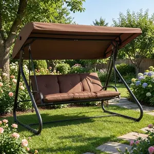 3-Seat Outdoor Patio Swing with Canopy, Cushions, Cup Holders, and Stand for Backyard Relaxing