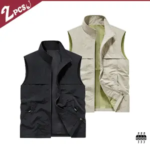 2-Pack functional wind stand-up collar vest, multi-pocket design is super practical, can be worn for commuting, outdoors, and fishing, stacked with artifacts, and full of cost-effective! good graphic tees Casual Beige Sleeveless