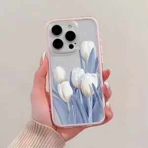 Pink tulip pattern phone case, business anti-drop protective cover with high aesthetic value, suitable for iPhone 16/15/14/13/12, creative, fashionable, and minimalist, suitable for both men and women, a gift for friends and family.