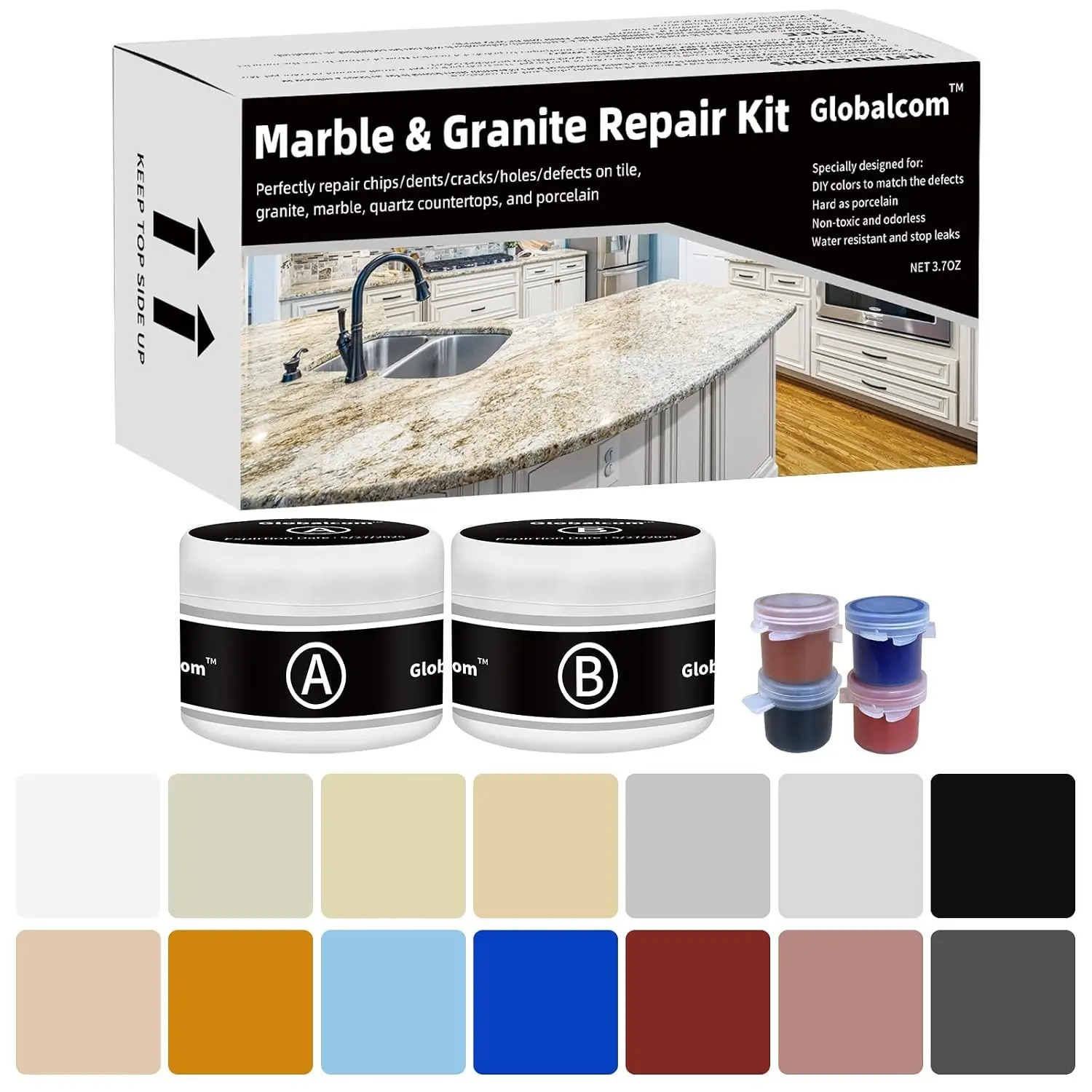 Granite Porcelain Stone Quartz Countertops Repair Kit for Chips Dents Cracks Holes Scratchs Fix Chipped Edges Corners Reattaches or rebuilds Missing Pieces