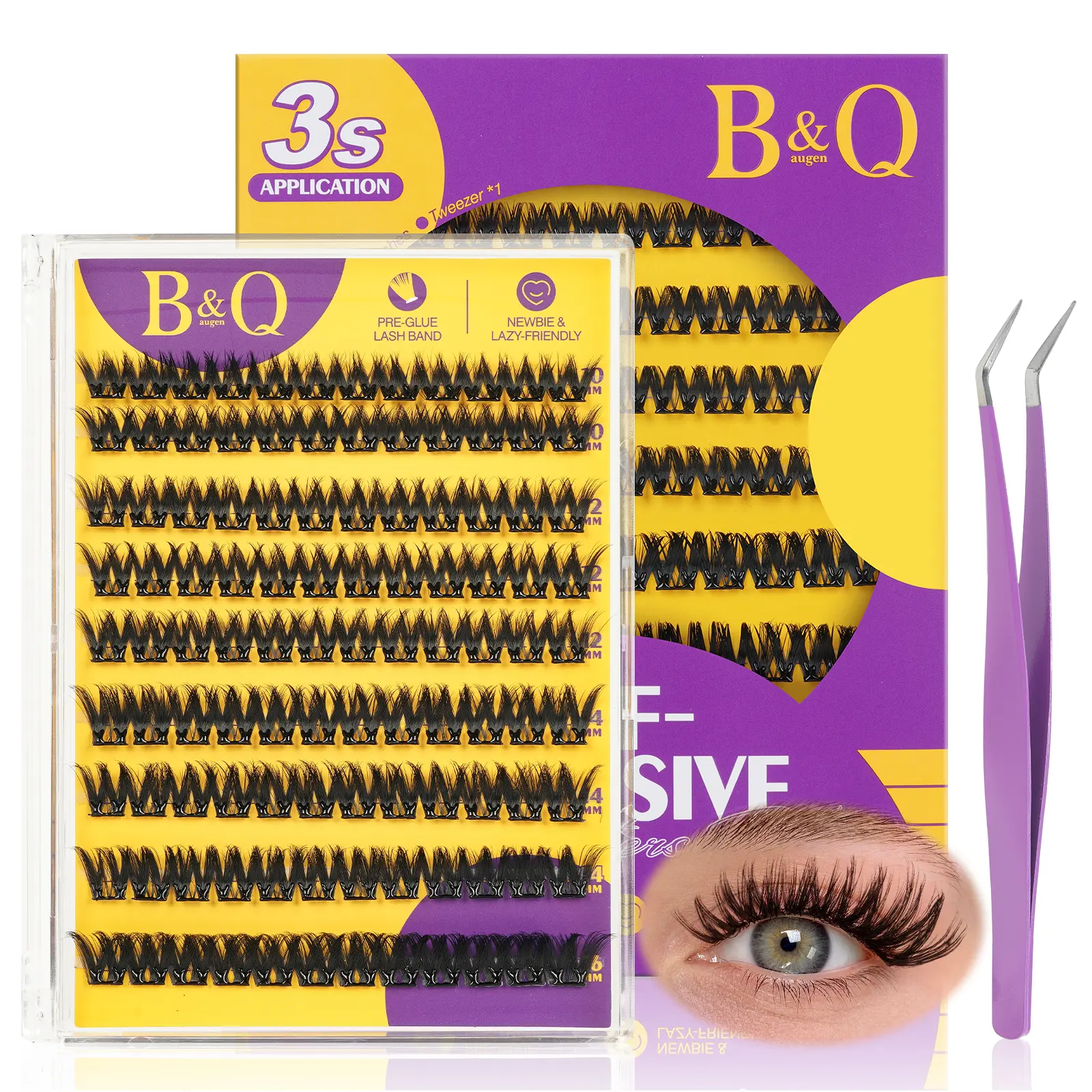 B&Q Cherry Kit Cosmetic DIY Individual Eyelash Clusters for Adults, 3s Self-Adhesive Application, Pre-Glued Band, D Curl, Glue-Free, 0.07 mm, Portable Size Makeup Products Mini Purse Pack