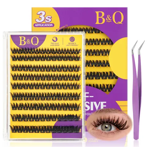 B&Q Cherry Kit Pre-Glued Cluster Lashes for Adults - Cosmetic DIY Eyelash Extension, 3s Self-Adhesive, D Curl, 0.07mm, Eco-Friendly Medical Resin, Lengthening, Portable Mini Purse Pack Makeup Product