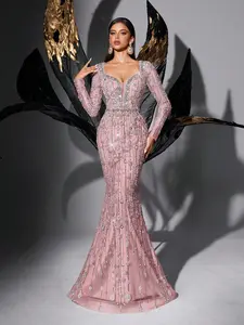 Women's Soft Fabric Long-Sleeve Rhinestone Mermaid Evening Gown - Elegant Sweetheart Neck, Hand-Beaded Formal Party Dress for Pageants & Proms