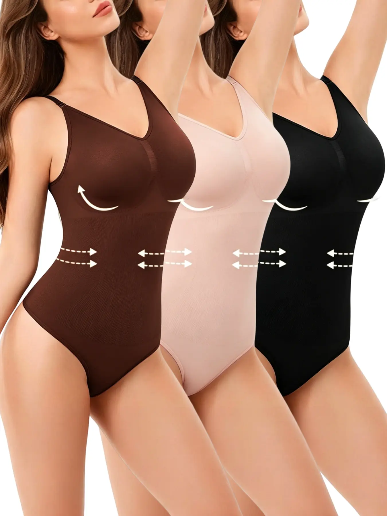3PCS High-Waisted Body Suit Shapewear – Adjustable Shoulder Straps, Chest Support & Butt Lift, Thigh-High Design, Lightweight Sculpting One-Piece in 3-Color Set, Tummy Control, Ribbed & Stretchable, Waist Trainer, Perfect for Events & Everyday
