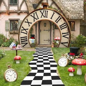 Wonderland Clock Party Decorations Black White Checkered Clock Door Banner Aisle Runner Hanging Timepiece Backdrop Photo Props Background for Newborn Fairytale Tea Birthday Party