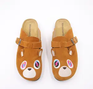Meckmanly Bear Embroidery Mules for Women, Casual Suede Slip-On Shoes, Comfy Indoor Outdoor House Slippers