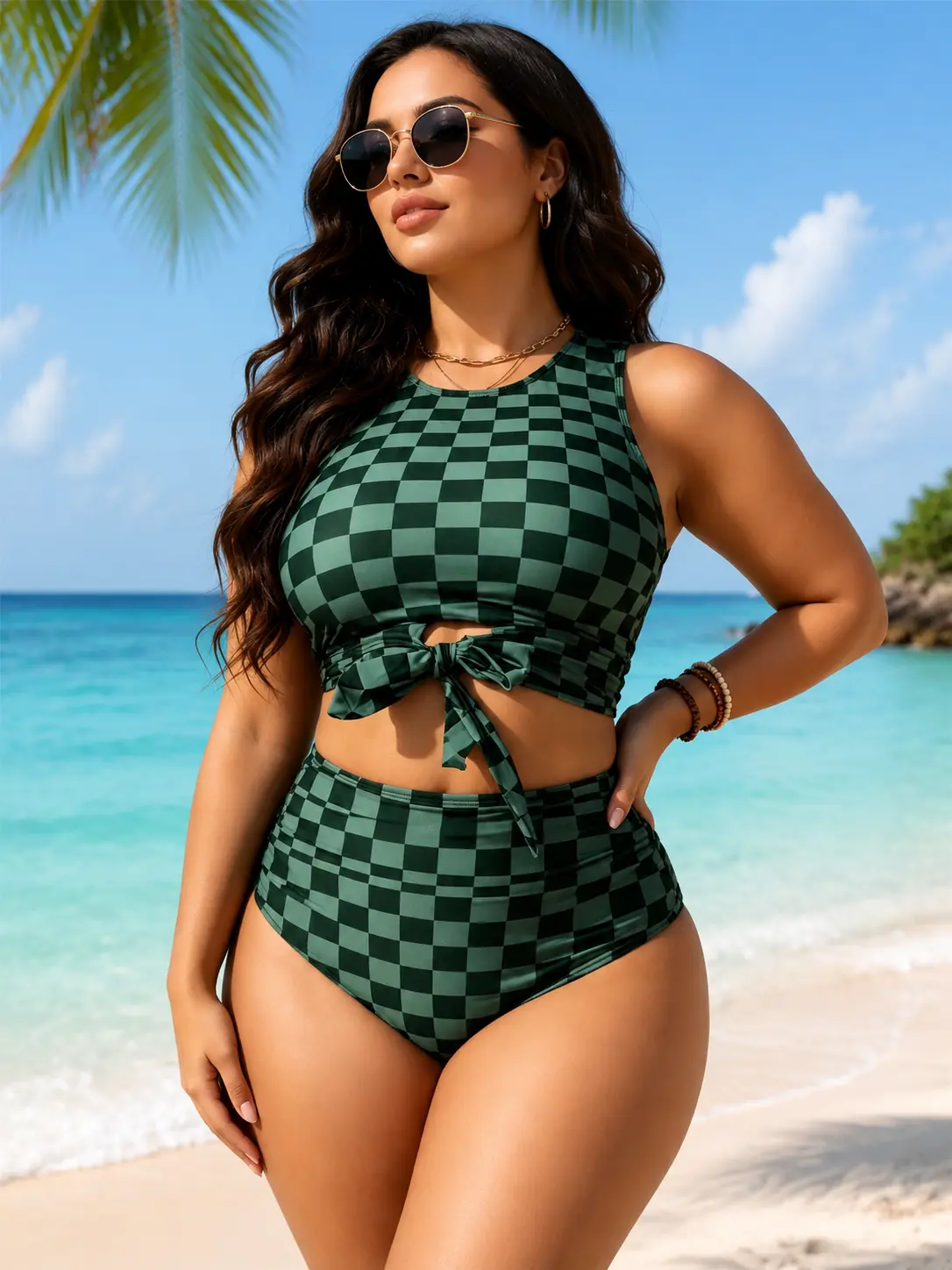 Women's Plus-Size 2-Piece Bikini Set - 2026 High Neck Racerback Tie-Front Cutout Top, Green Black Checkered Plaid Print, Tummy-Control High-Waisted Bottoms, Quick-Dry Summer Beach Resort Swimwear, High Waists, Quick-Dry Fabric Swimsuits Set Swimsuit For B