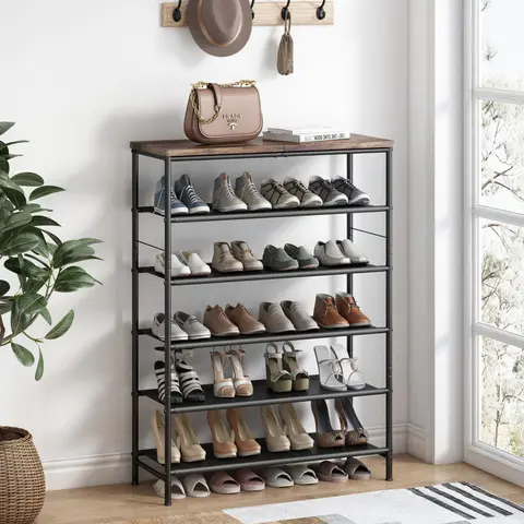 SUOERNUO Multi-Tiered Metal+MDF Standing Shoe Rack Organizer - 4/5/6-Tier Storage with Industrial MDF Top, Layered Fabric, Rust-Resist Coat, Durable 5-Level Shelving & Storage for Entryway, Accommodates 4 Seasons