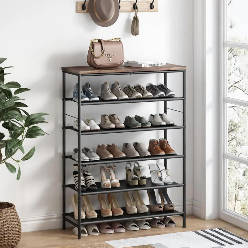 SUOERNUO Multi-Tiered Metal+MDF Standing Shoe Rack Organizer - 4/5/6-Tier Storage with Industrial MDF Top, Layered Fabric, Rust-Resist Coat, Durable 5-Level Shelving & Storage for Entryway, Accommodates 4 Seasons