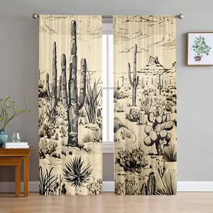 2D Flat 2Pcs Desert Landscape Curtains, Western Theme Pole Hung Semi Blackout Window Drapes, Cactus Scenery Art Decor for Living Room Bedroom, Aesthetic Home Treatment