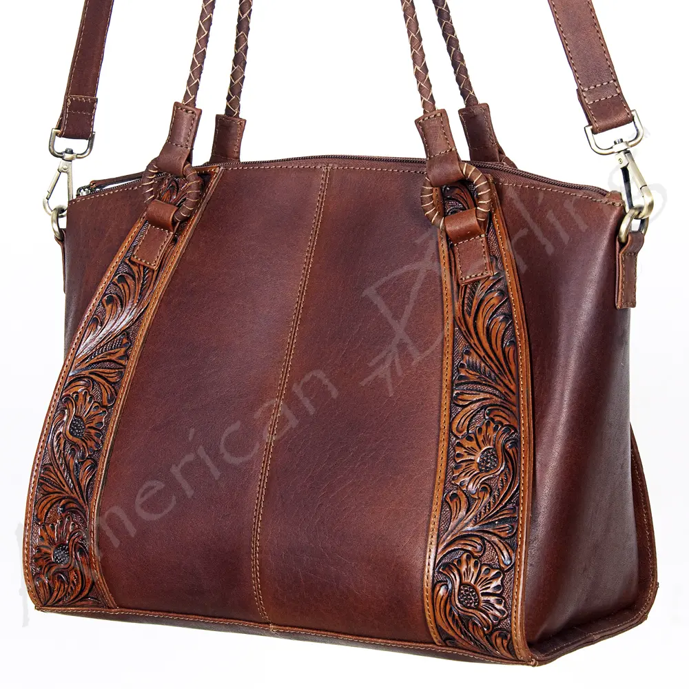 American Darling Hair-On Cowhide Tote Bag, Hand-Tooled Floral Western Leather Purse, Buck Stitched, 10in (H) X 13.5in (W) X 4in (D)