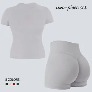 Jetjoy Womens Workout Sets 2 Piece,Gym Sets for Women 2 Piece Seamless Short Sleeve Tank Top Hidden Scrunch Shorts Yoga Outfits Gym Tracksuit athleisure Fitness & Casual summeroutfit