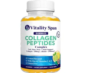 Collagen Gummies with Biotin (2500mcg), Vitamin C, E, Zinc, Low Sugar, Delicious Lemon Flavor, No Stick 60 Gummies, Made in USA