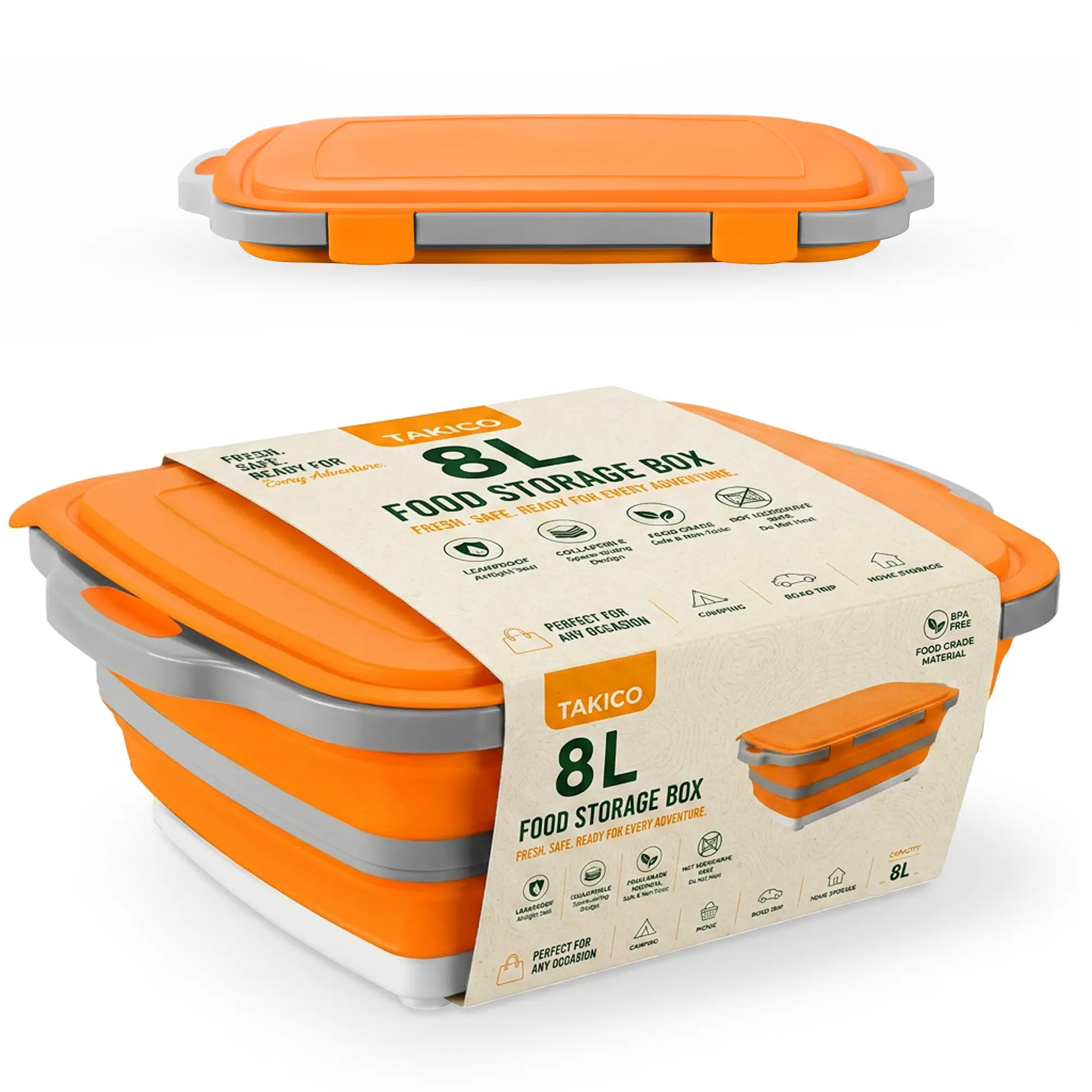 TAKICO Collapsible Camping Sink with Cutting Board Lid, 8L Portable Food Prep Tub with Drain Plug for RV, Picnic, Tailgating & Outdoor Cooking