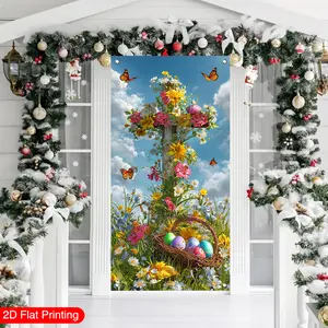 2D flat, 1 Easter door curtain, cross and Easter egg background themed door curtain, door curtain decoration banner, door hanging backdrop, indoor and outdoor party supplies, spring decoration, outdoor flag, size 35.4x70.8 inches
