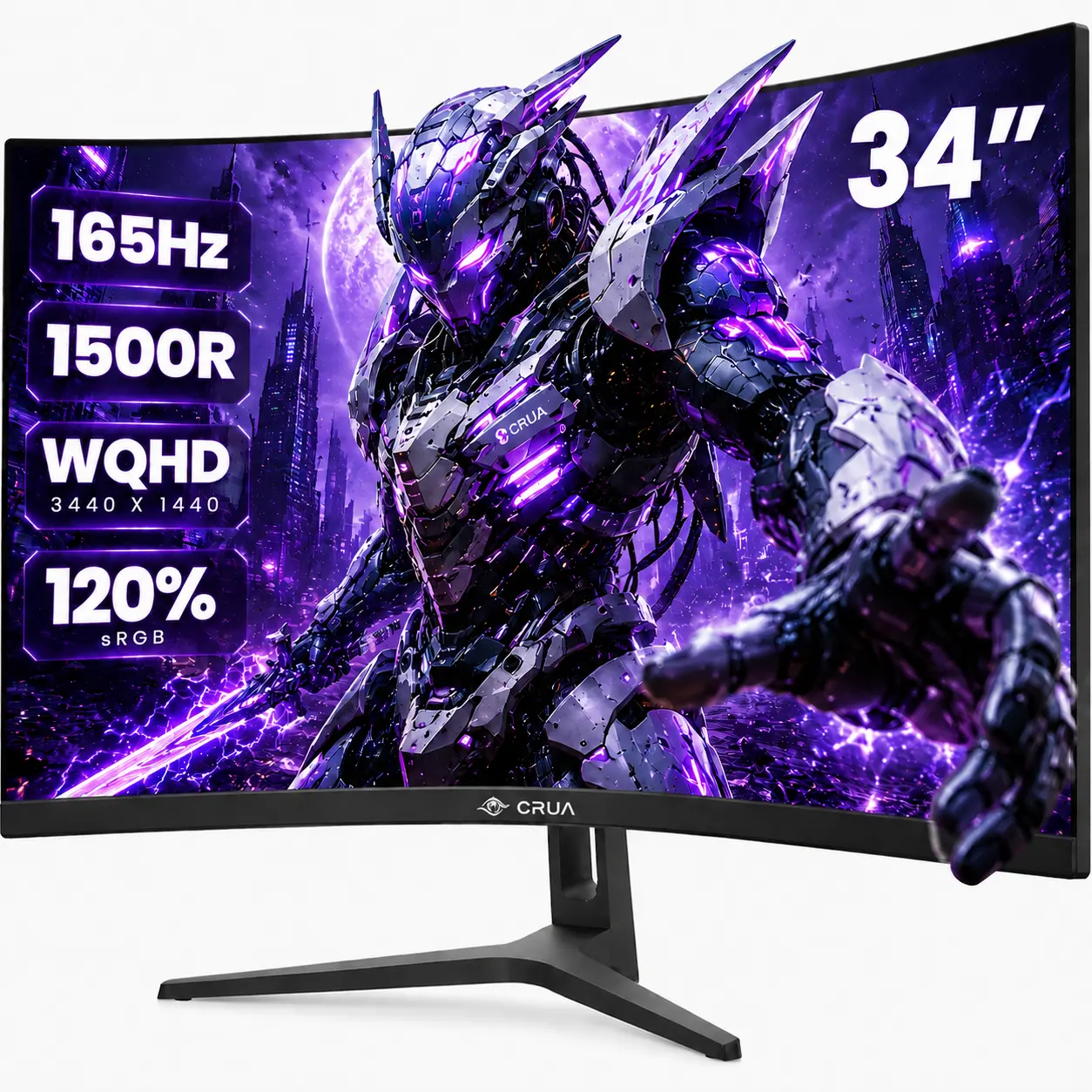 CRUA 34 Inch 21:9 Ultrawide Curved PC Monitor, WQHD 3440×1440 165Hz,1500R,FreeSync,120% sRGB Color Gamut,Low Blue Light Filter,HDMI2.1 DP1.4,75x75mm Wall‑Mountable for Gaming,Streaming,Content Editing and Daily Work