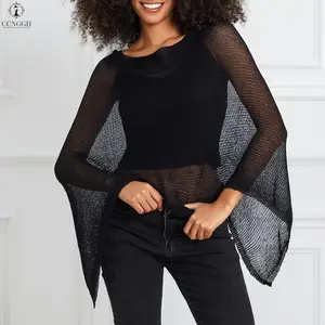Women Knit Poncho Top Y2k Off Shoulder Crochet Sheer Shawl Asymmetrical Hem Cover Up Shrug Sweater