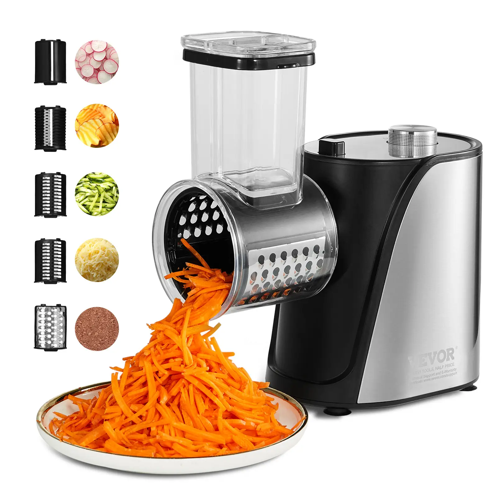 VEVOR Electric Cheese Grater Salad Maker, 250W Salad Shooter, Electric Vegetable Slicer Shredder Chopper for Fruits with 5 Attachments, Stainless Stee