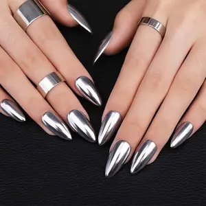 Silver Electroplated Press on Nails Almond Fake Nails Metallic Mirror False Nail Design Silver Chrome Glossy Acrylic Nails for Women Girl DIY Manicure Decoration 24Pcs