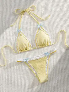 Sun-Ready Sweetheart: Pastel Yellow Lace Trim Halter Bikini Set – Adorable Bow Accents & Adjustable Tie Sides for Your Perfect Summer Two-Piece Swimwear