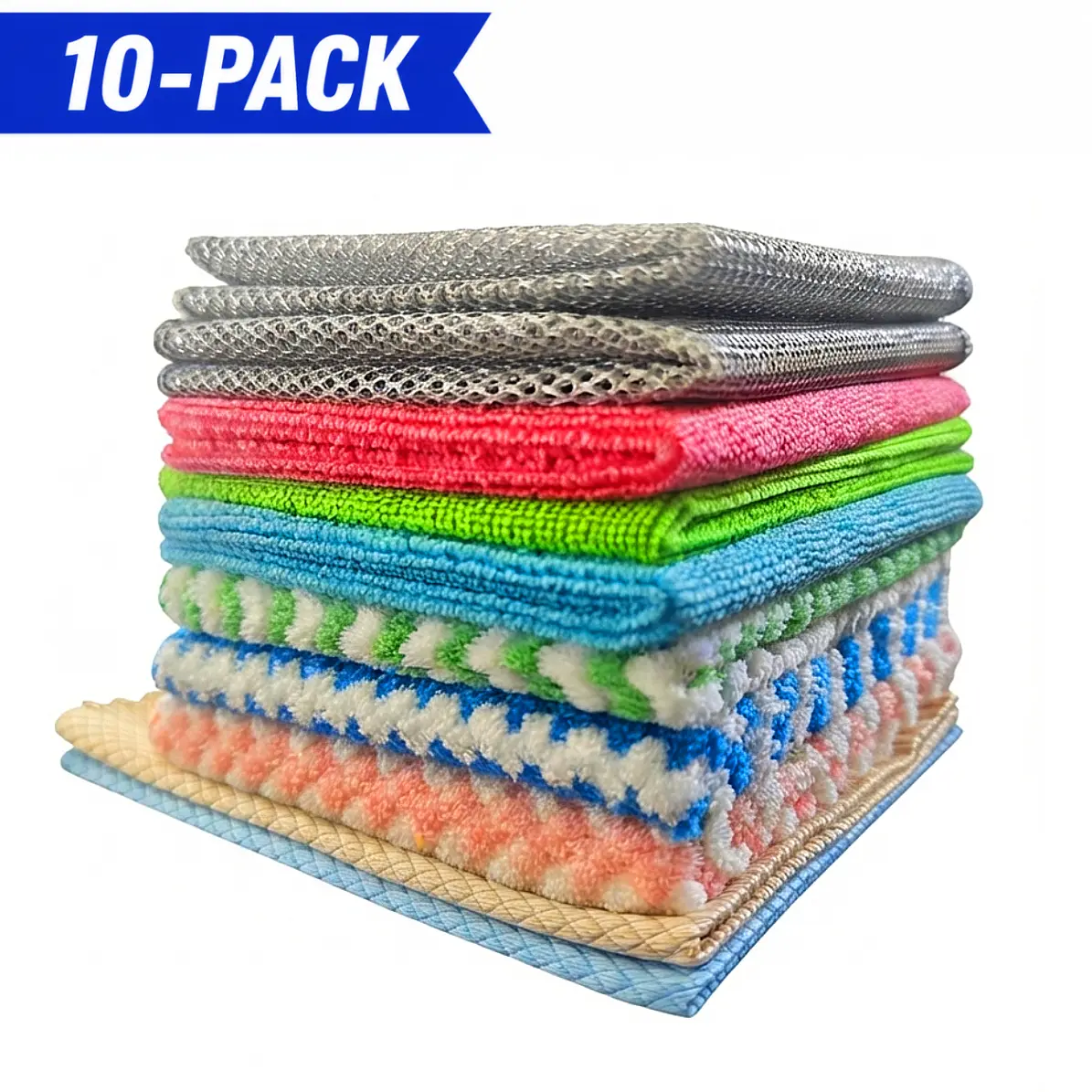 10-Pack Microfibre Cleaning Cloths Sets - 4-Texture Multi-Purpose Reusable Washable Household Towels with Fish Scale, Silver Wire, Velvet Layers, Lightweight Absorbent for Kitchen, Home Use