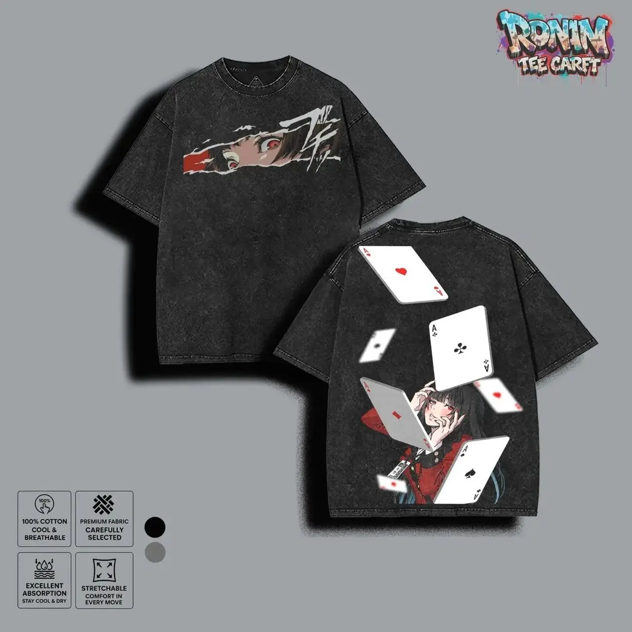 Kakegurui Anime Girl Washed T Shirt, Japanese Gambling Manga Graphic Tee, Unisex Loose Fit Streetwear Summer Outfit W18