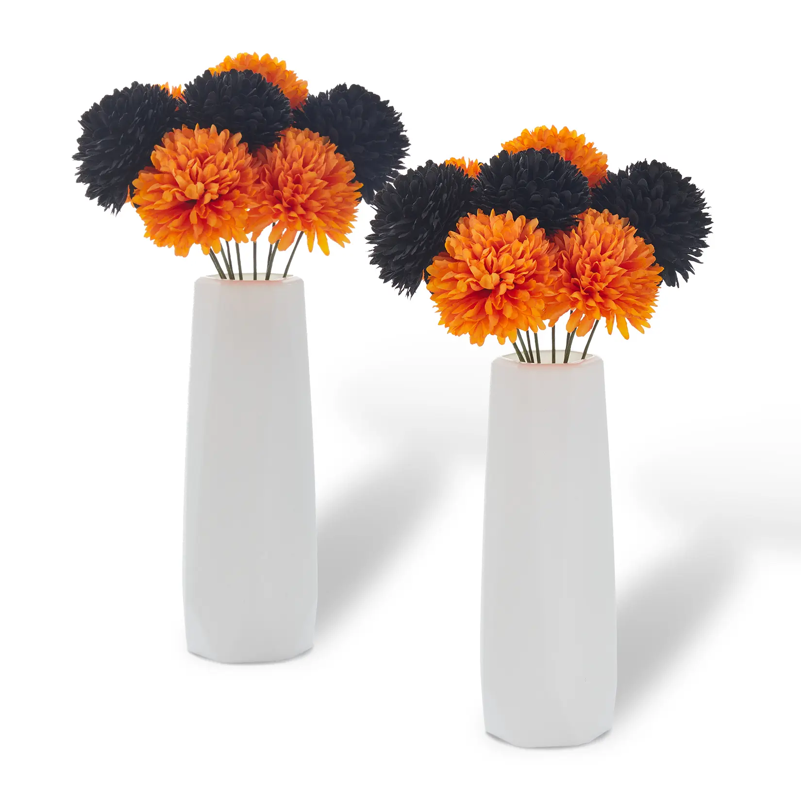 2 Pack Artificial Mums Fall Flowers Set - Chrysanthemums with 2 White Vases - Fake Flowers Centerpiece for Halloween, Thanksgiving