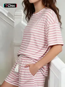 Women's Striped Knit Short Set, Striped Sets, Loose Fit Casual Summer, Round Neck & Drawstring Design, Perfect for Daily Wear