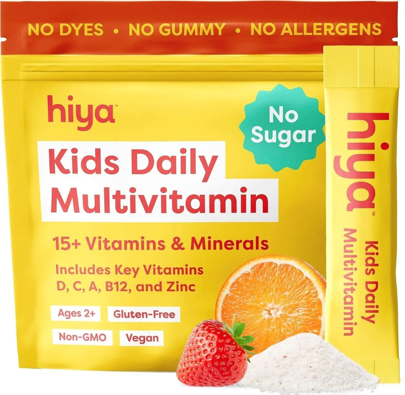 Hiya Kids Multivitamin – 15+ Essential Vitamins & Minerals with Fruits & Veggies for Ages 2+, Supports Growth, Development & Immune, 0g Sugar – 20 Stick Packs for Toddlers & Kids