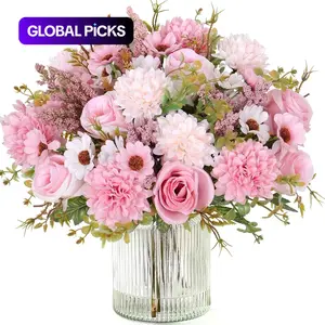 4 Pack Artificial Flowers Like Real Artificial Bouquet Silk Artificial Roses Bouquet with Daisy Chrysanthemum Pink Flowers for Centerpiece Table Wedding Party Home Spring Decor #GLOBAL PICKS