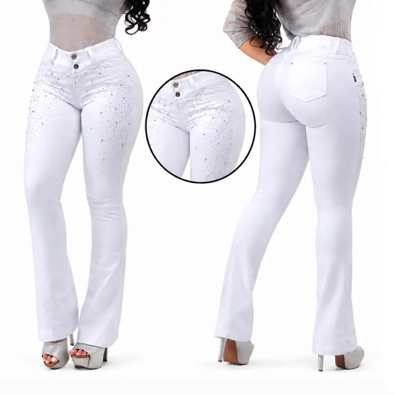 Women's High-Waisted Flare Jeans in Comfortable Stretch Denim, Butt-Lifting Colombian Fit, Dressy Pearl & Rhinestone Bottoms, Casual, Elegant, Statement, Butt-Lifting Effect, Flared, Rhinestones, Elegant Pearl & Rhinestone Detailing