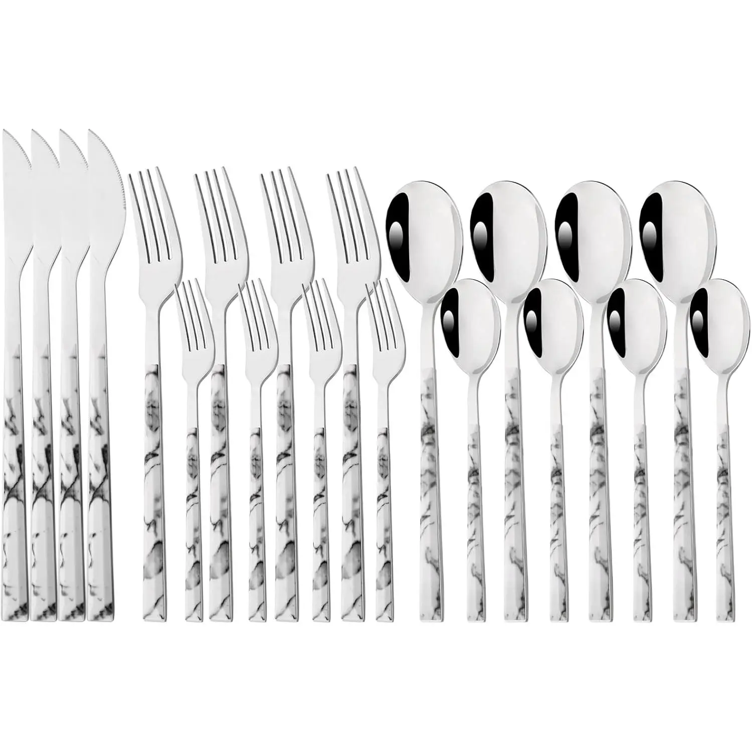 20 Piece (4 Set) Silver Stainless Steel Tableware With White Marble Handle, Wedding Cutlery And Daily Use, Silverware For Home Restaurant Party, Mirror Finished