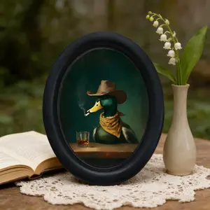 Vintage Western Cowboy Duck Decorative Painting, Oval Frame Mid-Century Wall Art, Fun Animal Theme Home Decoration, Unique Desktop Ornament, Animal Design