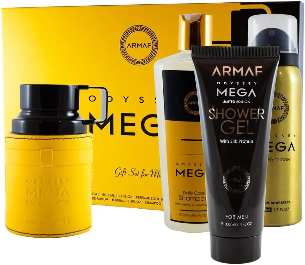 Odyssey Mega by Armaf 4 piece Gift Set ( 3.4oz EDP Spray + 3.4oz S/GEL + 8.4oz SHAMPOO + 1.7oz B/ Spray ) for MEN