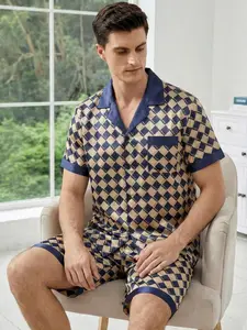 Men's Satin Fashion Checked Print Pocket Lapel Long Sleeve Short Pants Sleepwear Loungewear Pajama Set, Summer Wearable, 2 Piece Set, Pjs, Pyjamas