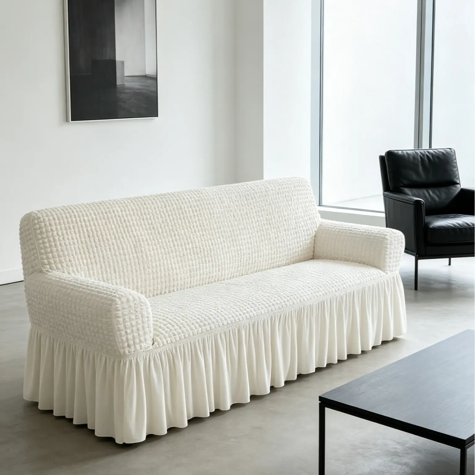 1 Pc Seersucker Sofa Slipcover for Couch, High Elastic Stretchable Full Coverage Furniture Cover, Machine Washable & Durable for All Seasons, White