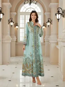 Women's Ramadan New Fabric Design Embroidered Dress Kaftan Robe Evening Gown Abaya Full Beaded Long Sleeve Loose Fit All Seasons Muslim Women Gowns
