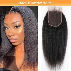 New 2025 Arrivals 4X4 Yaki Straight Lace Closure Part, Kinky Straight Brazilian Human Hair Lace Closure for Women Natural Black Color