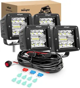 Nilight 4PCS 3Inch 42W LED Pods LED Cubes Upgraded Spot Flood Combo Beam Square Driving Light Backup Light Reverse Light Grill Mount Light with Wiring Harness Kit -4 leads auto headlights auto lights laser headlights