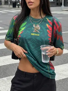 Mexican Eagle Totem Print Short Sleeve T-Shirt for Women, American Street Style Loose Fit Oversized Soccer Jersey, Sporty Casual Top