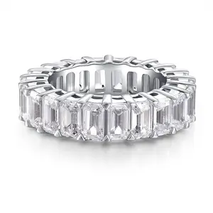S925 Sterling Silver Emerald Cut Eternity Ring for Women, Full Zircon Wedding Band, Luxury Engagement Anniversary Jewelry, Hypoallergenic Gift