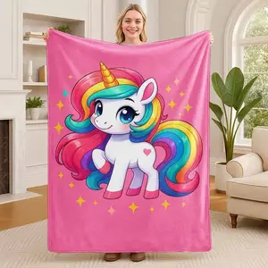 Rainbow Unicorn Flannel Blanket, Cute Cartoon Unicorn Character Print, Soft Cozy Lightweight, Warm Durable, Perfect for Sofa Couch Bed Living Room Bedroom Office Travel Camping, Birthday Gift, Valentine's Day Present, Mother's Day Idea