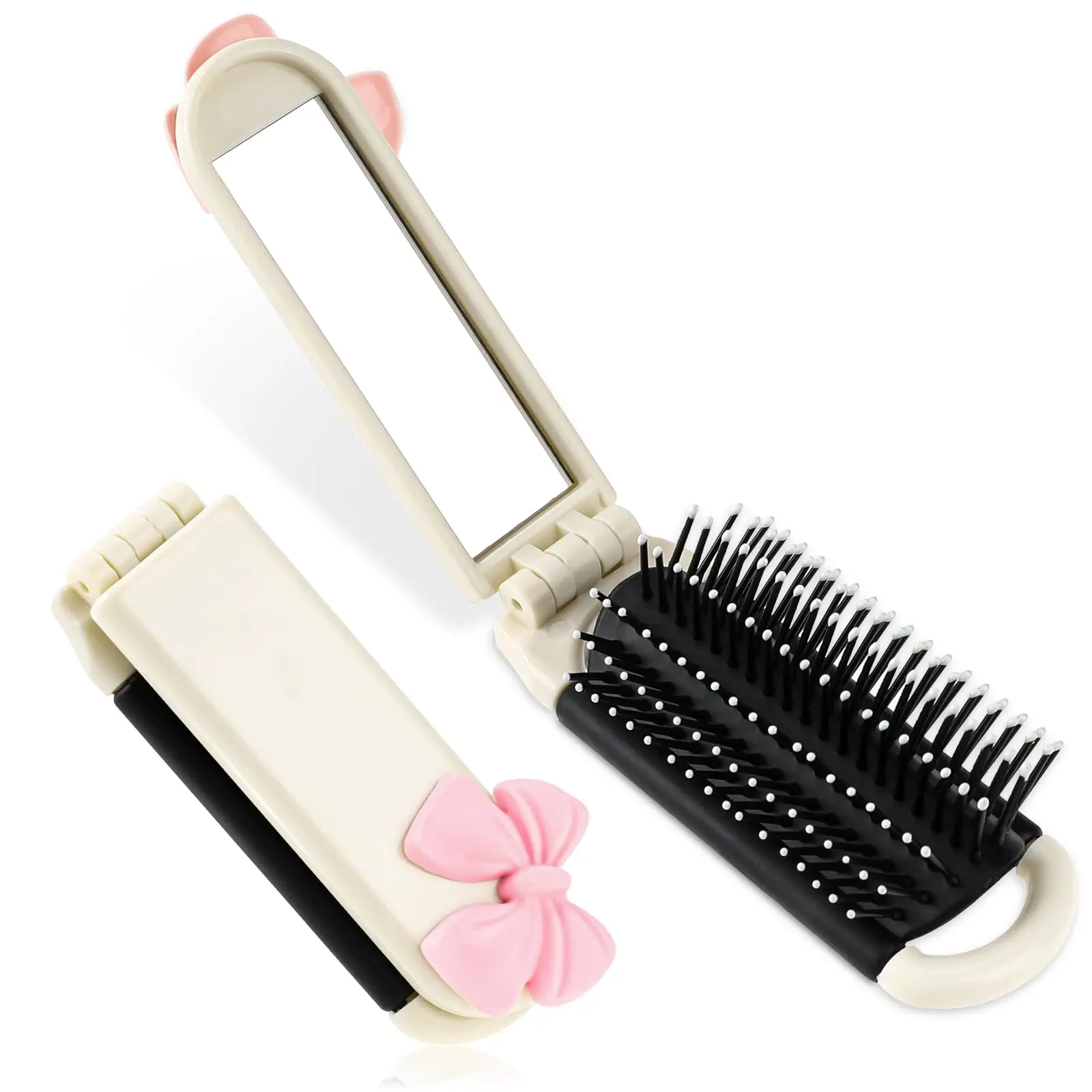 Foldable Hair Brush with Removable Mirror, Mini Head Massage Comb for School & Trip, Cream Space Saver Design for Women & Youth, Abs, Collapsible, Bow