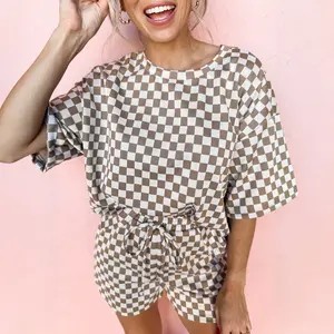 Women's Brown Checkered Top and Short Casual 2pcs Set Womenswear Clothes