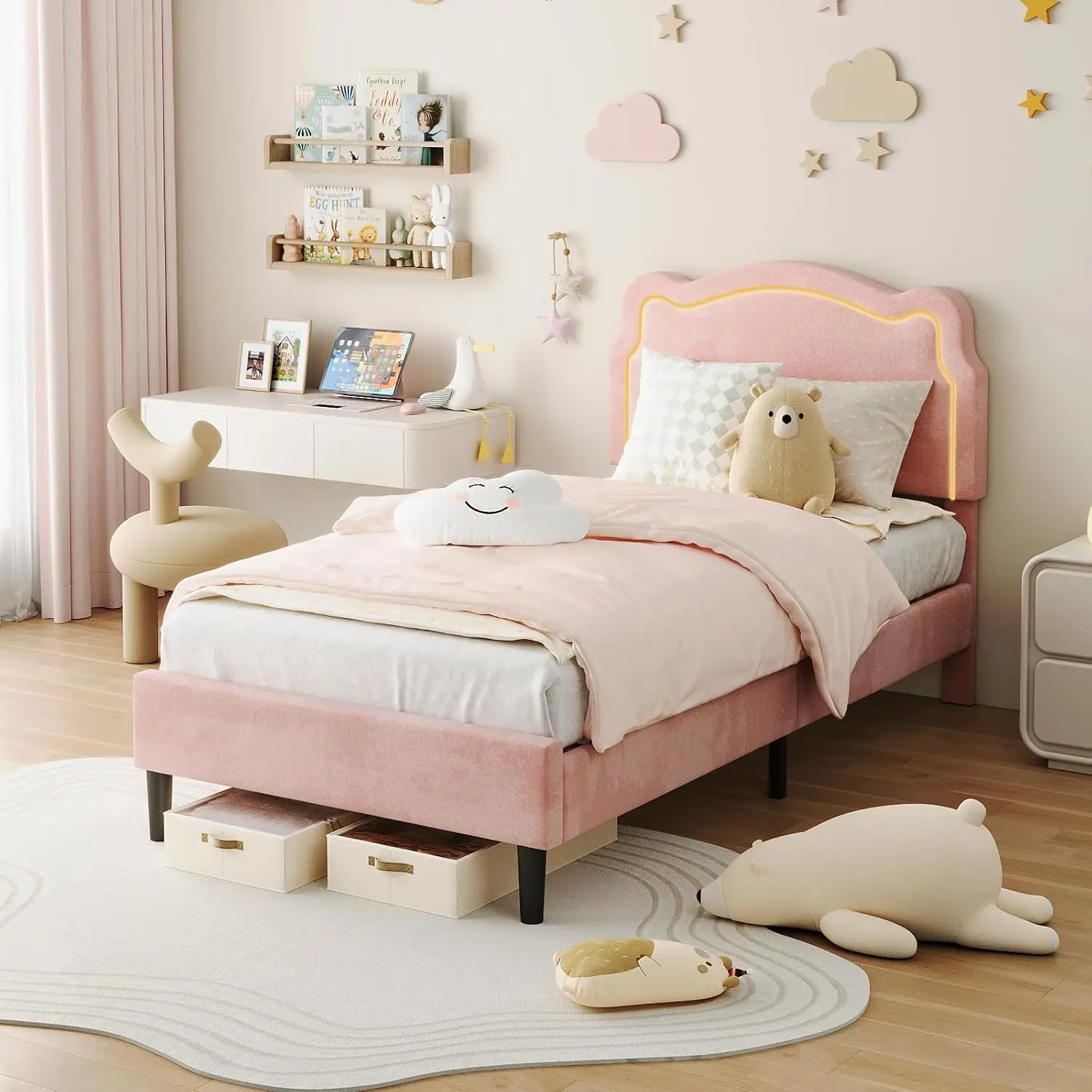 Gaomon Bear-Shaped Velvet-Wrapped Upholstered Twin-Size Single Iron Frame Height-Adjustable Bed - RGB LED Lighting, Noise-Free, Non-Toxic, Simple Set-Up, Assembly Required, No Box Spring Needed, Pink