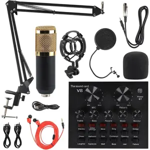 Condenser Microphone Bundle, Live Sound Card, Adjustable Boom Arm, Shock Mount, Metal Mic Pop Filter, Sponge Pop Filter Cover, Earphone, Audio Cables and Power , Set of 11 Mic Kit