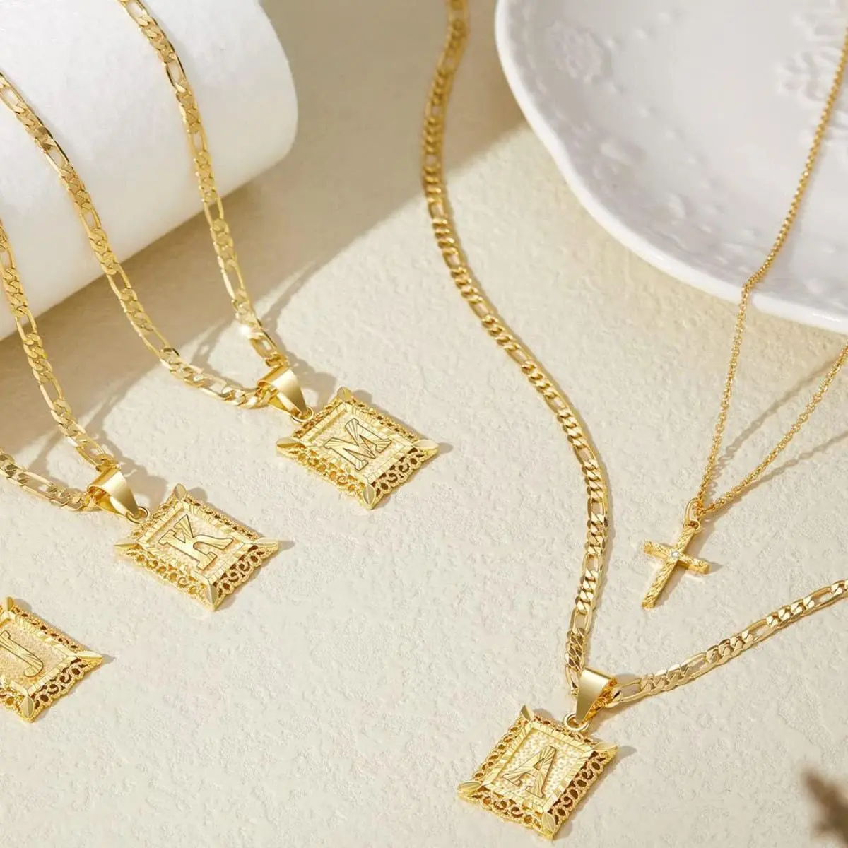 14K Gold-Plated Stainless Steel, Square Letter Pendant Necklace, Unisex, with Figaro Chain