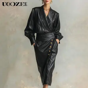 UOOZEE Women's Thick Cotton Comfortable PU Leather Button Dress - New Autumn Winter V-neck High Waist A-line Pleated Midi, Chic Black Birthday & Business Outfits, Long Sleeves with Pockets (Smaller Hip Fit - Check Size Guide or Order 1 Size Larger)